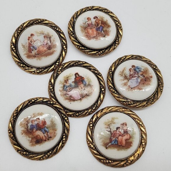 Vintage Porcelain Pendant on Brass Frame Embellishments Courting Couple Set of 8 - Picture 1 of 9